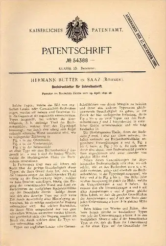 Original Patentschrift -H. Butter in Saaz / Zatec i. Böhmen ,1890, Buchdruck - Letter für Schreibschrift , Druckerei !!!