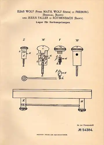 Original Patentschrift -J. Faller in Rötenbach b. Friedenweiler ,1890, Lager für Vorhänge ,E. Wolf in Freiburg i. Baden