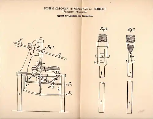 Original Patentschrift - Joseph Orlowski in Niemiercze b. Mohileff / Mogilev , 1890 , Apparat für Rübenproben , Russland