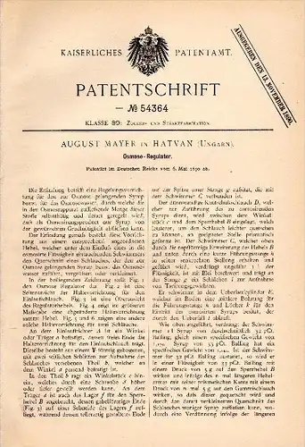 Original Patentschrift - August Mayer in Hatvan , Ungarn , 1890 , Osmose - Regulator , Zuckerfabrik !!!