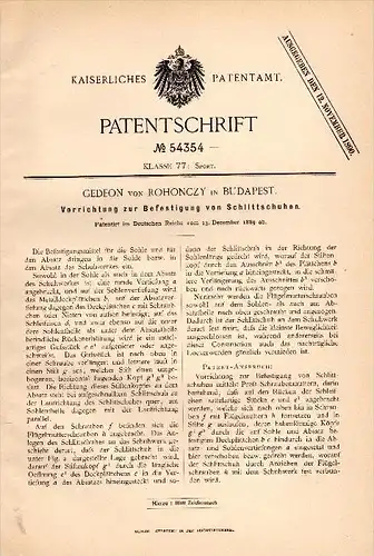 Original Patentschrift - Gedeon von Rohonczy in Budapest , 1889 , Schlittschuhe - Befestigung , Eiskunstlauf , Eislauf !