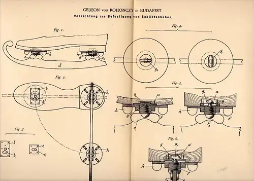 Original Patentschrift - Gedeon von Rohonczy in Budapest , 1889 , Schlittschuhe - Befestigung , Eiskunstlauf , Eislauf !