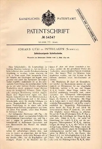 Original Patentschrift - Johann Gysi in Interlaken , 1890 , selbstanzeigende Schießscheibe , Schützenzunft , Schießen !!