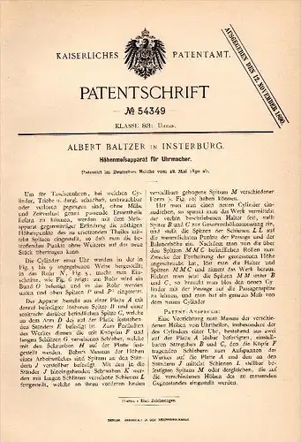 Original Patentschrift - Albert Baltzer in Insterburg / Tschernjachowsk , 1890 , Höhenmeßapparat für Uhrmacher , Uhren !