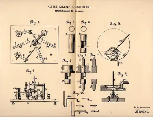 Original Patentschrift - Albert Baltzer in Insterburg / Tschernjachowsk , 1890 , Höhenmeßapparat für Uhrmacher , Uhren !