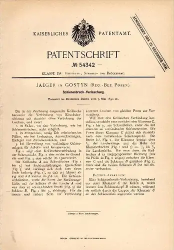 Original Patentschrift - Jaeger in Gostyn / Gostingen , 1890 , Schienenbruch - Verlaschung , Eisenbahn , Posen !!!