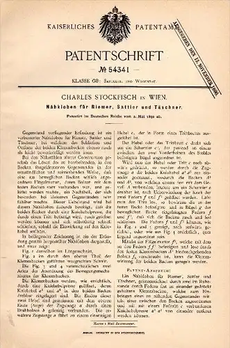 Original Patentschrift - Charles Stockfisch in Wien , 1890 , Nähkolben für Riemer und Sattler , Sattlerei , Wagenbau !