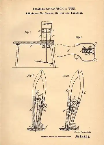Original Patentschrift - Charles Stockfisch in Wien , 1890 , Nähkolben für Riemer und Sattler , Sattlerei , Wagenbau !
