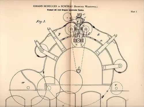 Original Patentschrift - Johann Honegger in Schönau b. Lörrach , 1890 , Krempel für Spinnerei , Spinnrad !!!