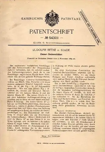 Original Patentschrift - Ludolph Bethe in Stade , 1889 ,  Zimmer - Deckenschützer , Schutz gegen Rauch , Kamin !!!