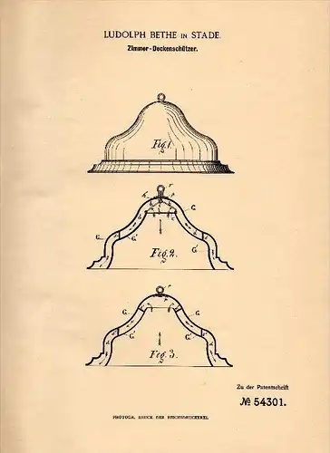 Original Patentschrift - Ludolph Bethe in Stade , 1889 ,  Zimmer - Deckenschützer , Schutz gegen Rauch , Kamin !!!