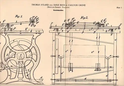 Original Patentschrift -  Th. Ryland and E. Bird in Carlton Grove , Brixton , 1893 , engraving machine !!!