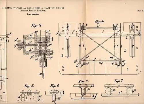 Original Patentschrift -  Th. Ryland and E. Bird in Carlton Grove , Brixton , 1893 , engraving machine !!!
