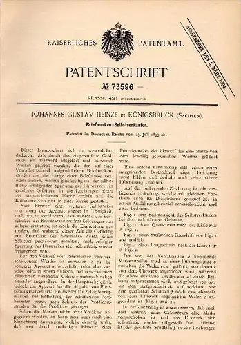 Original Patentschrift - J.G. Heinze in Königsbrück i. Sachsen , 1893 , Briefmarken - Selbstverkäufer , Automat , Post !