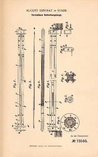 Original Patentschrift - August Kentrat in Stade , 1893 , verstellbare Rollvorhangstange , Einrichtung !!!