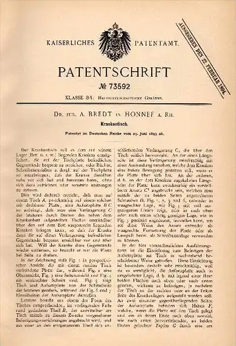 Original Patentschrift - Dr. A. Bredt in Honnef a. Rh. , 1893 , Krankentisch , Krankenhaus , Klinik , Arzt !!!