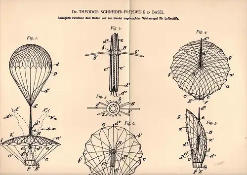 Original Patentschrift - Dr. Th. Schneider - Preiswerk in Basel , 1893 , Segel für Luftschiffe , Ballon , Fesselballon