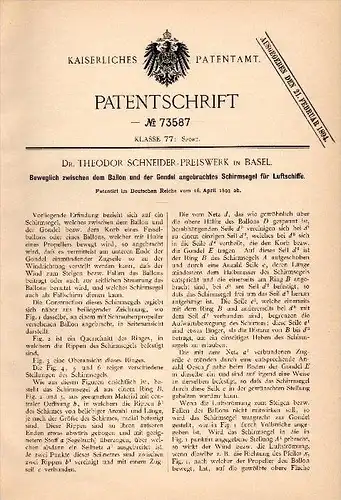 Original Patentschrift - Dr. Th. Schneider - Preiswerk in Basel , 1893 , Segel für Luftschiffe , Ballon , Fesselballon