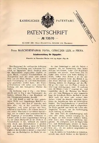 Original Patentschrift - Maschinenfabrik Gebr. Lein in Pirna , 1893 , Schaltung für Sägegatter , Sägewerk , Tischlerei