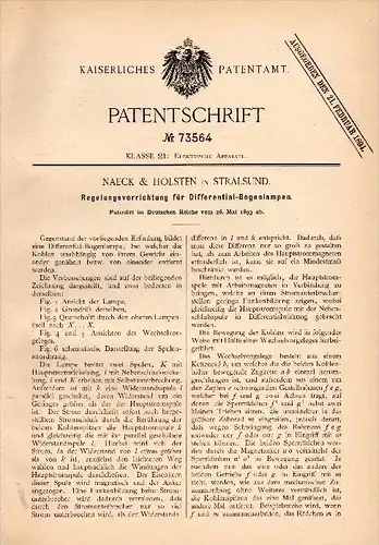Original Patentschrift - Naeck & Holsten in Stralsund , 1893 , Regelung für Differential - Bogenlampen , Mecklenburg !!!