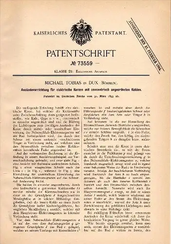 Original Patentschrift - Michael Tobias in Dux / Duchcov , 1893 , Anzünder für elektrische Kerzen !!!