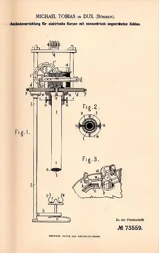 Original Patentschrift - Michael Tobias in Dux / Duchcov , 1893 , Anzünder für elektrische Kerzen !!!