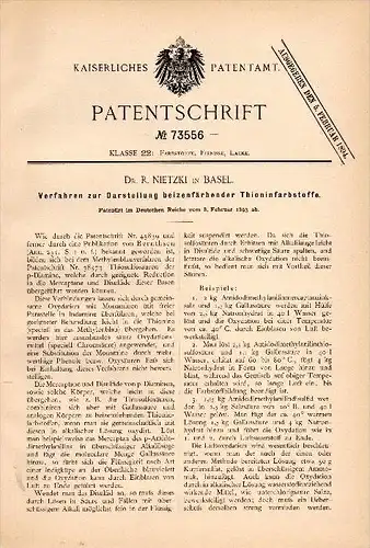Original Patentschrift -  Dr. R. Nietzki in Basel ,1893, Darstellung beizenfärbender Thioninfarbstoffe , Chemie , Labor