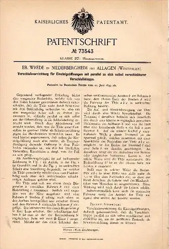 Original Patentschrift - E. Wrede in Niederbergheim b. Allagen / Warstein , 1893 , Bodenluke , Dachboden , Hochbau , Bau