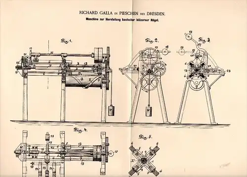 Original Patentschrift - Richard Galla in Pieschen b. Dresden , 1893 , Maschine für hölzerne Nägel , Tischlerei !!!