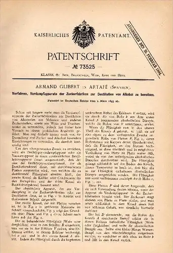 Original Patentschrift - Armand Glibert in Atarfe , Spain , 1893 , Apparat für Zuckerfabrik , Destillation von Alkohol !