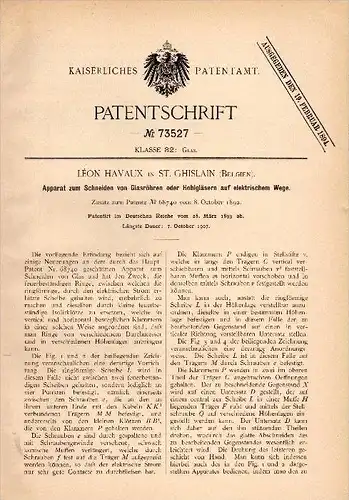 Original Patentschrift - Léon Havaux in Saint Ghislain , 1893 , Apparat zum Schneiden von Glas !!!