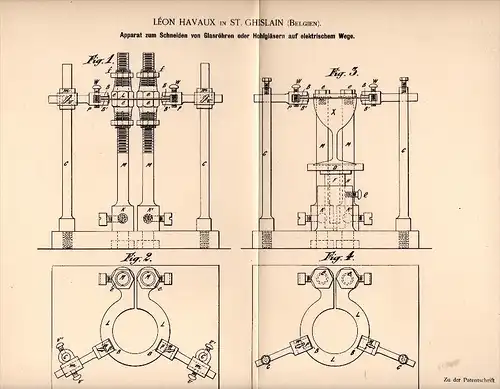 Original Patentschrift - Léon Havaux in Saint Ghislain , 1893 , Apparat zum Schneiden von Glas !!!