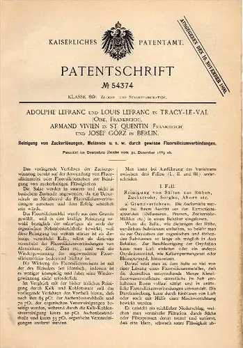Original Patentschrift - L. Lefranc dans Tracy-le-Val / Oise ,1889 , Purification of sugar , chemicals , laboratory !!!
