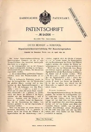 Original Patentschrift - Otto Berndt in Rostock , Mecklenburg , 1890 , Telegraphie - Signalvorrichtung , telegraphy !!