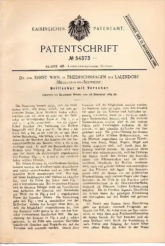 Original Patentschrift - Dr. Ernst Wien in Friedrichshagen b. Lalendorf , 1889 , Drille für Landwirtschaft , Mecklenburg