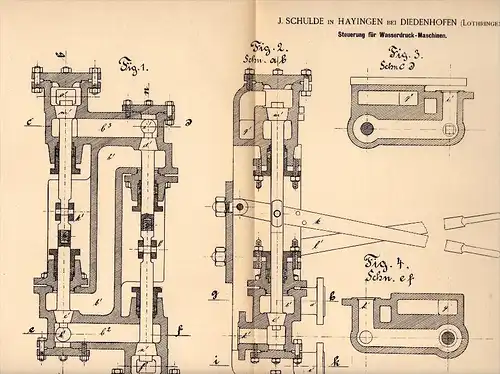 Original Patentschrift -J. Schulde in Hayingen / Hayange b. Diedenhofen / Thionville ,1890, Machine de pression de l'eau