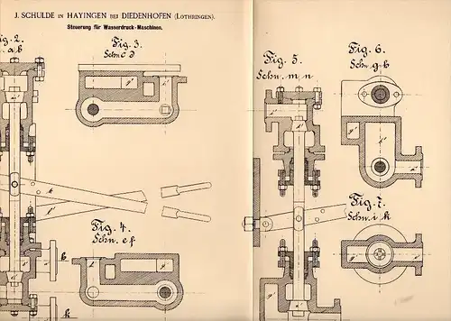 Original Patentschrift -J. Schulde in Hayingen / Hayange b. Diedenhofen / Thionville ,1890, Machine de pression de l'eau