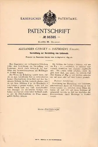 Original Patentschrift - Alexander Cziráky in Jászberény , Ungarn ,1895, Herstellung von Liniensatz , Druckerei , Druck