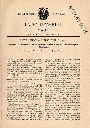Original Patentschrift - Victor Seidel in Klingenthal i. Sachsen , 1886 , Musikwerk mit Notenblatt , Seydel !!!