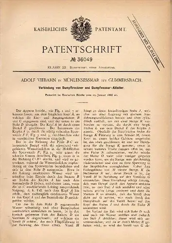 Original Patentschrift - Adolf Viebahn in Mühlensessmar b. Gummersbach , 1886 , Dampftrockner , Dampfmaschine !!!