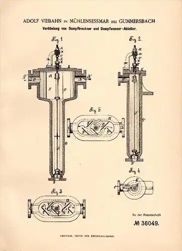 Original Patentschrift - Adolf Viebahn in Mühlensessmar b. Gummersbach , 1886 , Dampftrockner , Dampfmaschine !!!