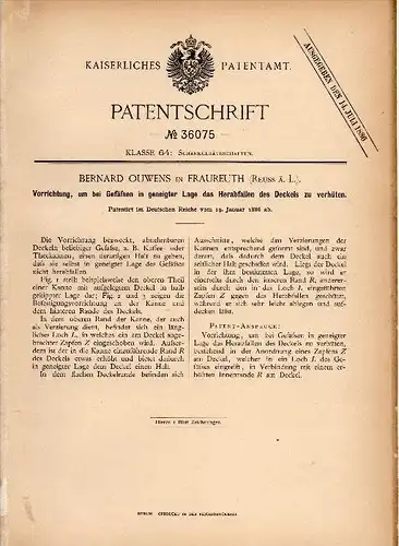 Original Patentschrift - Bernard Ouwens in Fraureuth , 1886 , Deckel für Kaffeekanne , Teekanne , Porzellan !!!