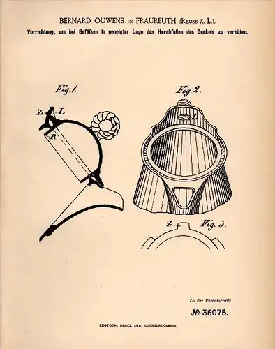 Original Patentschrift - Bernard Ouwens in Fraureuth , 1886 , Deckel für Kaffeekanne , Teekanne , Porzellan !!!