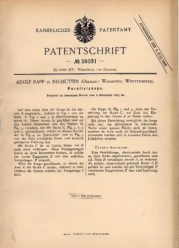 Original Patentschrift -  Adolf Rapp in Neuhütten / Wüstenrot , 1885 , Parallelzange , Werkzeug , Zange , Werkstatt !!!