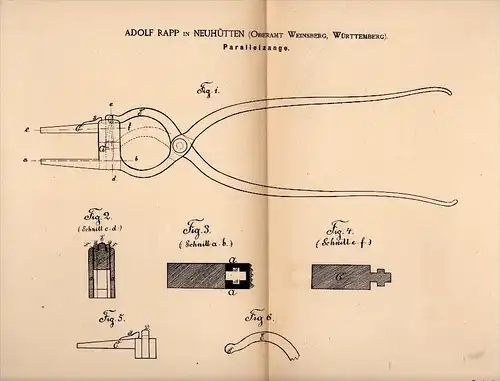 Original Patentschrift -  Adolf Rapp in Neuhütten / Wüstenrot , 1885 , Parallelzange , Werkzeug , Zange , Werkstatt !!!