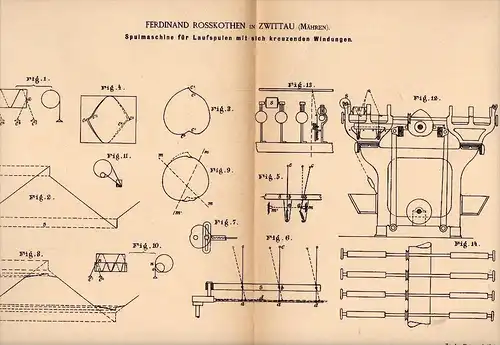 Original Patentschrift - Ferdinand Rosskothen in Zwittau / Svitavy , 1885 , Spulmaschine für Spinnrad , Spinnerei !!!