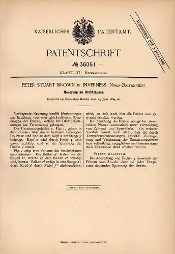 Original Patentschrift - Peter Stuart Brown in Inverness , 1885 , Wire fence, agriculture !!!