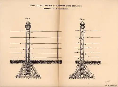 Original Patentschrift - Peter Stuart Brown in Inverness , 1885 , Wire fence, agriculture !!!