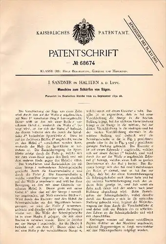 Original Patentschrift - J. Sandner in Haltern a.d. Lippe ,1892, Maschine zum Schärfen von Sägen , Tischlerei , Sägewerk
