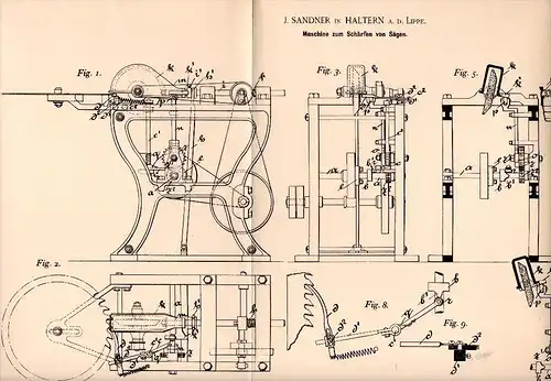 Original Patentschrift - J. Sandner in Haltern a.d. Lippe ,1892, Maschine zum Schärfen von Sägen , Tischlerei , Sägewerk
